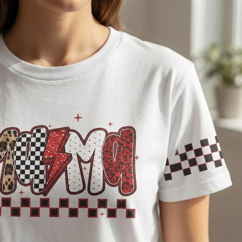Mama Lightning Bolt Graphic T‑Shirt — Leopard & Checkered Mom Tee