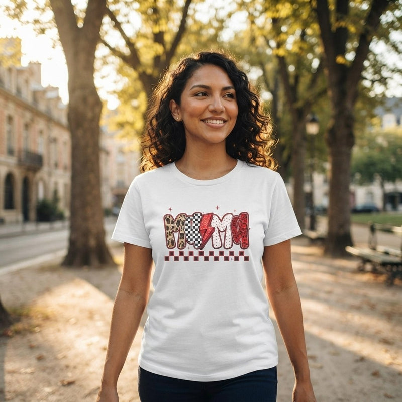 Mama Lightning Bolt Graphic T‑Shirt — Leopard & Checkered Mom Tee