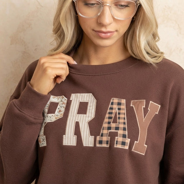 Plaid Pray Crew Neck Sweatshirt